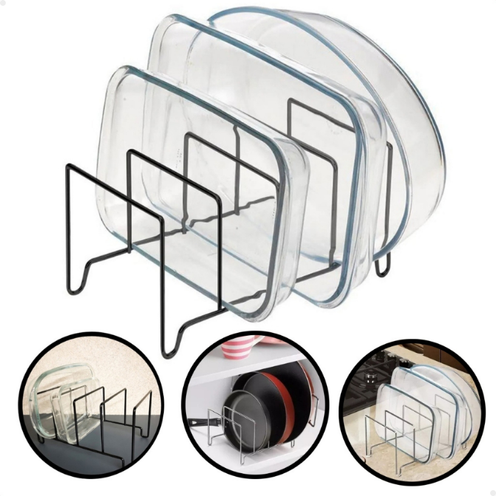 Suporte Organizador Porta Travessas Formas Frigideiras Refratários Cozinha em Oferta na Shopee