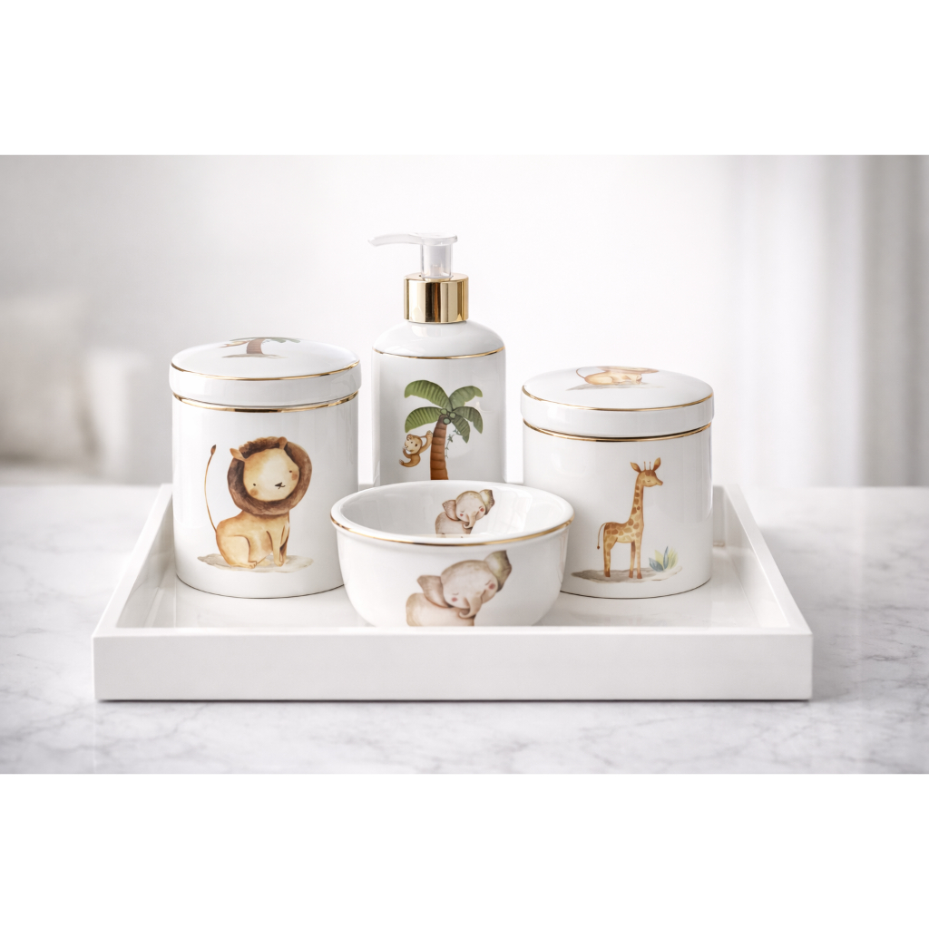 Kit Higiene Bebe Porcelana Safari Friso Ouro Conjunto Completo Organizador Enxoval Quarto Infantil em Oferta na Shopee
