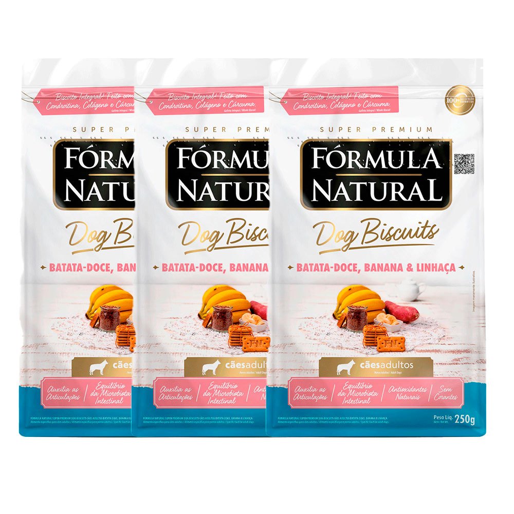 Kit com 3 Biscoitos Fórmula Natural Dog Biscuits Cães Adultos Porte Médio e Grande Batata Doce 250g
