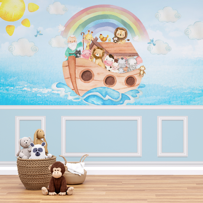 Papel de Parede Infantil Arca de Noé Aquarela com Animais Fofos, Arco-Íris e Céu Azul para Quarto Infantil e Sala