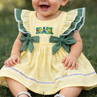 Vestido Amarelo e Verde Com Bordado do Brasil e Laço Decorativo Babados Vestido Tema Copa Brasil em Oferta na Shopee