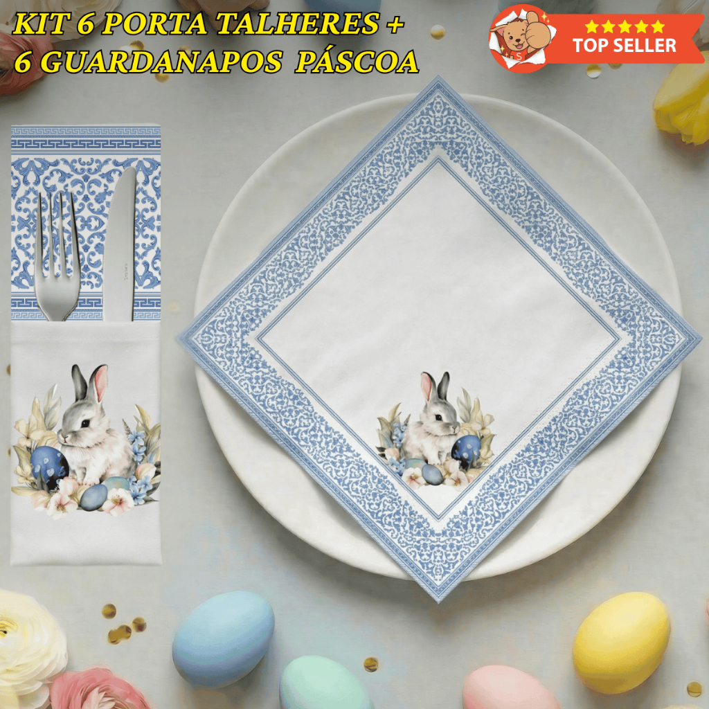 Kit Páscoa 12 Peça 6 Porta Talheres e 6 Guardanapos para Mesa Posta Decoração de Jantar Mesa Cozinha