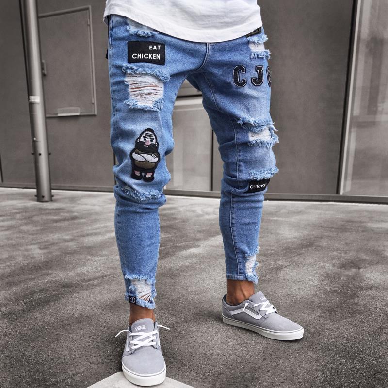 Calças Jeans Elástico Masculino Rasgado com Cinco Bolsos Bordado De Jeans Skinny Clássico