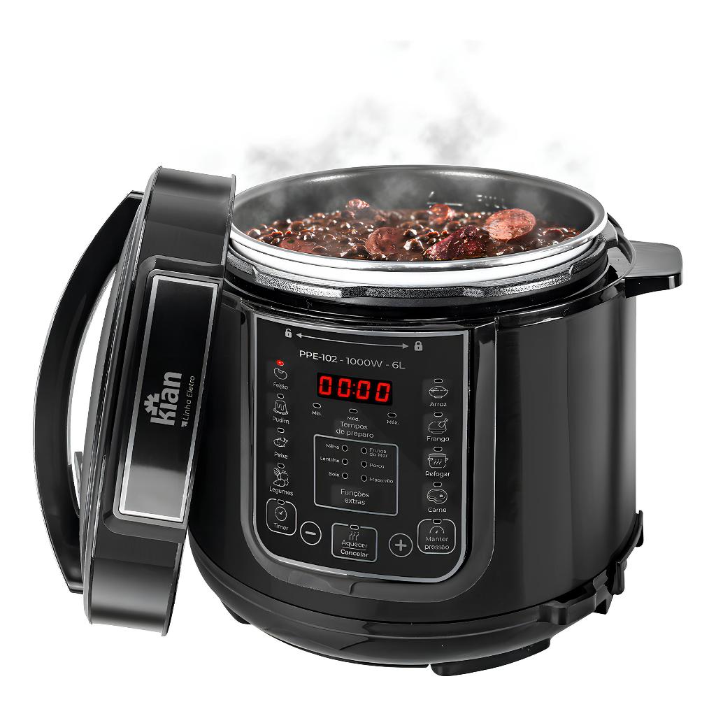 Imagem Panela De Pressão Elétrica 5 Litros Aço Inox Preto Multifuncional Kian Ppe 101 127V 900W
