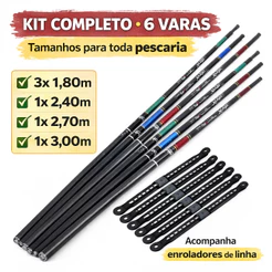 Kit Pesca Completo 6 Varas Telescópicas Tamanhos Diversos Fibra Vidro Capa e Enrolador de Linha