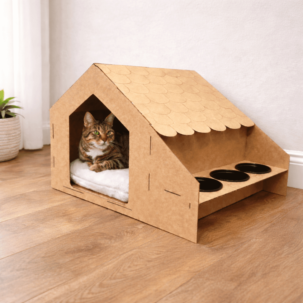 Casinha Gato + Comedouro Pet em Mdf Resistente 58x40cm em Oferta na Shopee