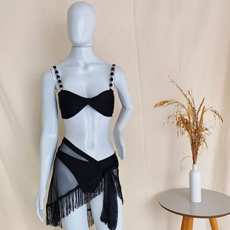 Conjunto Biquíni Preto com Saída de Praia Tule Franja • Moda Praia Verão• Look Completo Praia