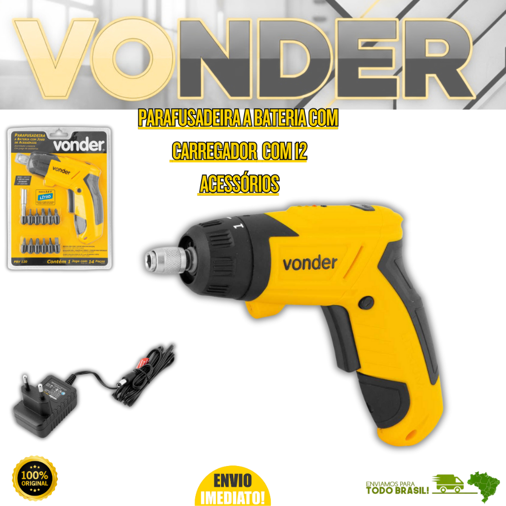 Parafusadeira a Bateria 3,6V Com Carregador Bivolt e 12 Acessórios PBV120 Vonder Oferta Resistente