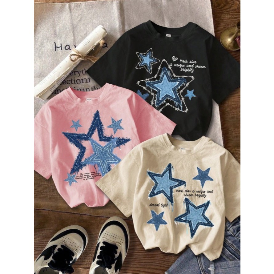 Kit 3 Camisetas Estampadas Criança Estrelinhas Algodão T-Shirt Manga Curta Estilosas Promoção Girls