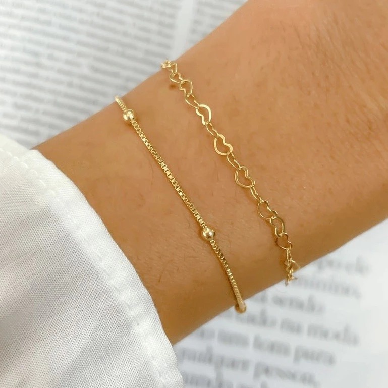 Kit 02 Pulseiras Feminina Bolinha e Coração banhada a Prata 925 em Oferta na Shopee