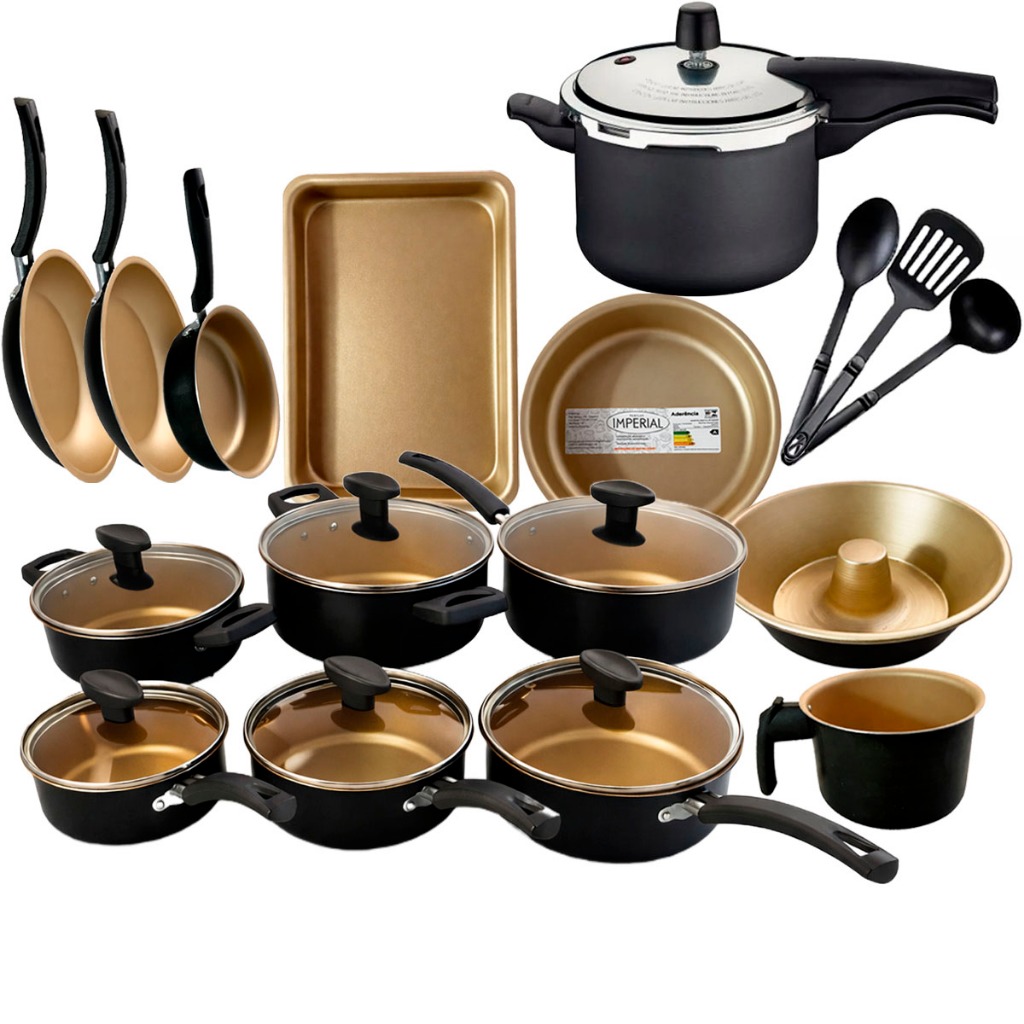 Imagem Jogo de Panelas 17 Peças Com Panela de Pressão 4,5L Conjunto Kit Teflon Antiaderente Frigideira CaçarolaTampa de Vidro