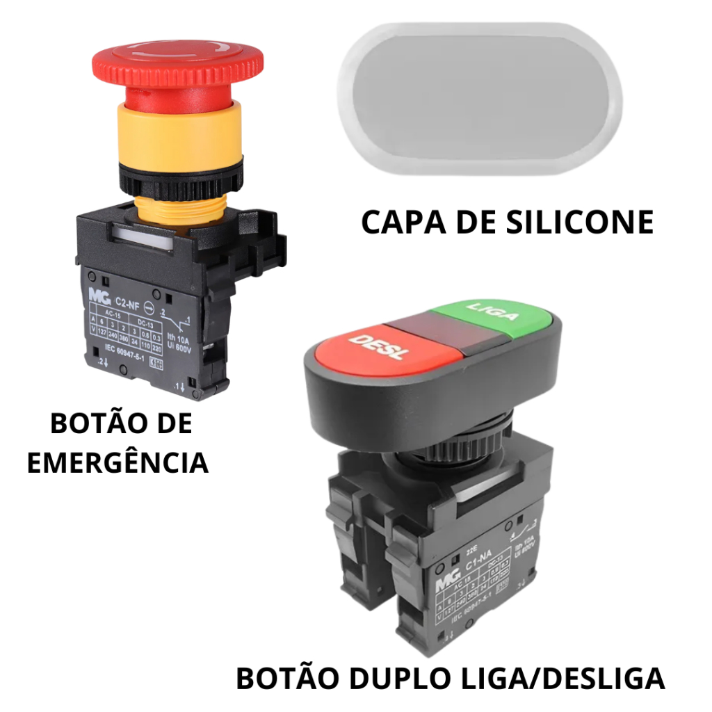 BOTÃO BETONEIRA MENEGOTTI BOTÃO DE EMERGÊNCIA + BOTÃO DUPLO LIGA/DESLIGA + CAPA DE SILICONE
