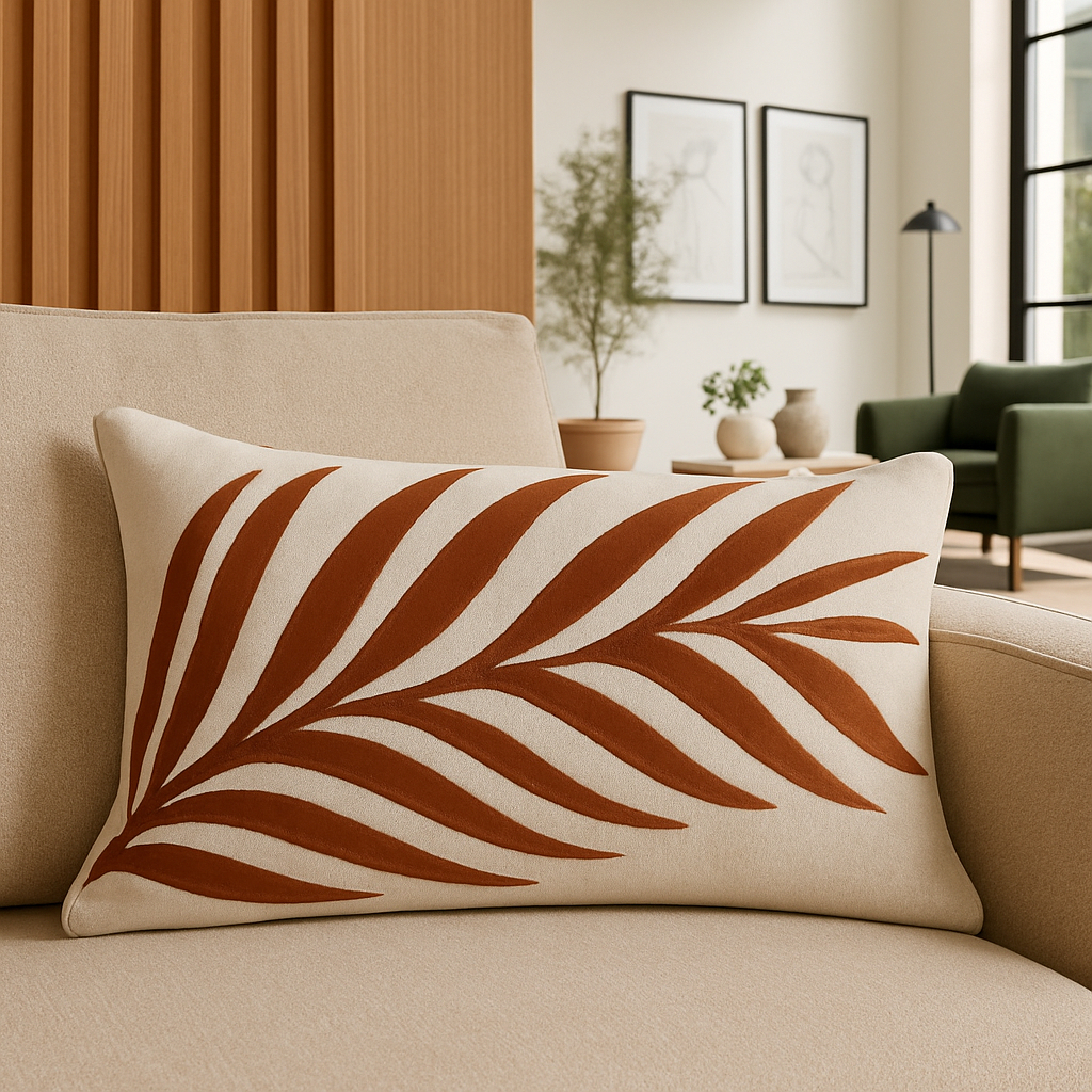 Capa Almofada Retangular Aplicação Folha Boucle Terracota 30x50 decoração casa sofá cama poltrona