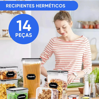 Kit 14 Potes Herméticos Cozinha Dispensa Organizador Plástico Resistente + 14 Etiquetas e 1 Caneta.. em Oferta na Shopee