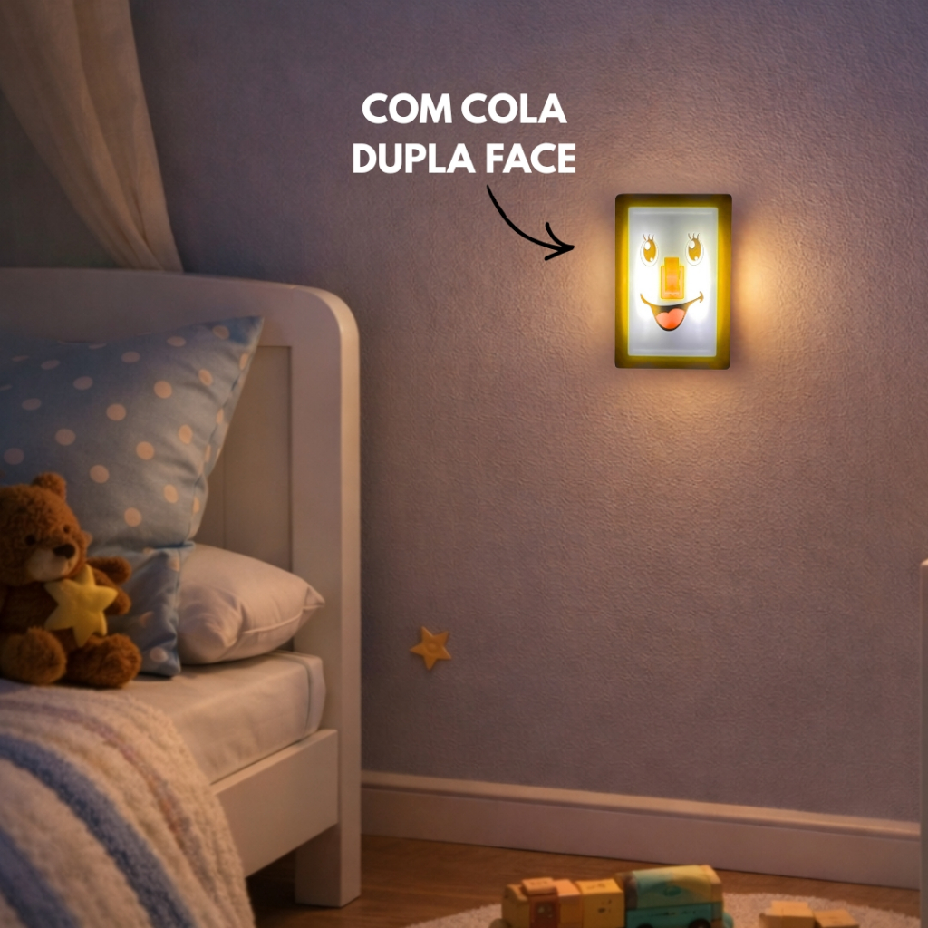 Luminária Lâmpada Noturna Portátil com Rosto, Íman, Velcro Gruda na Parede e Suporte para Prego