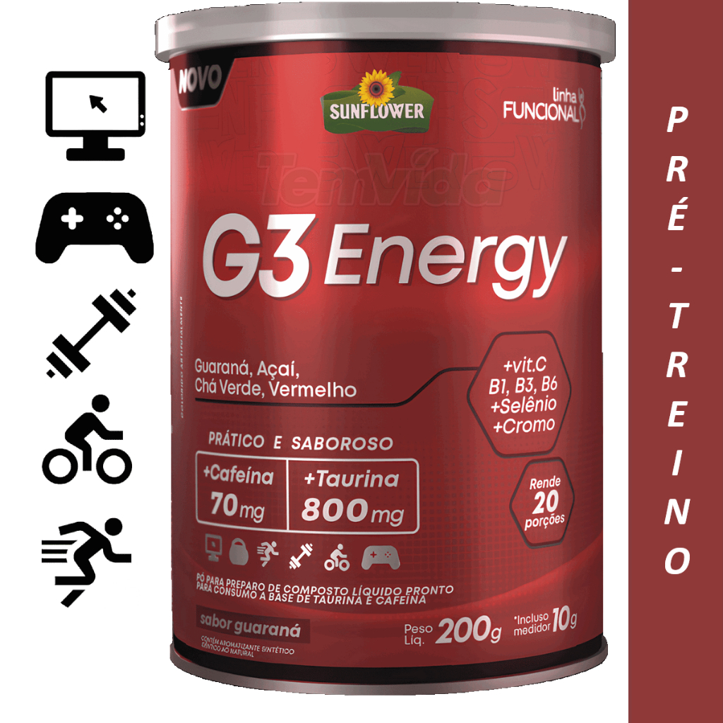 G3 Energy 200g Pré-Treino Açaí e Guaraná Chá Verde Taurina Cafeína Solúvel Sunflower em Oferta na Shopee