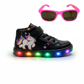Kit Tenis Feminino Infantil Botinha Unicornio De Led Meninas Cano Alto + Óculos Linkito em Oferta na Shopee