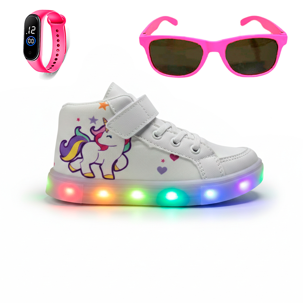 Tênis Feminino Infantil De Led Botinha de Unicórnio Infantil Escolar + Oculos + Relogio em Oferta na Shopee