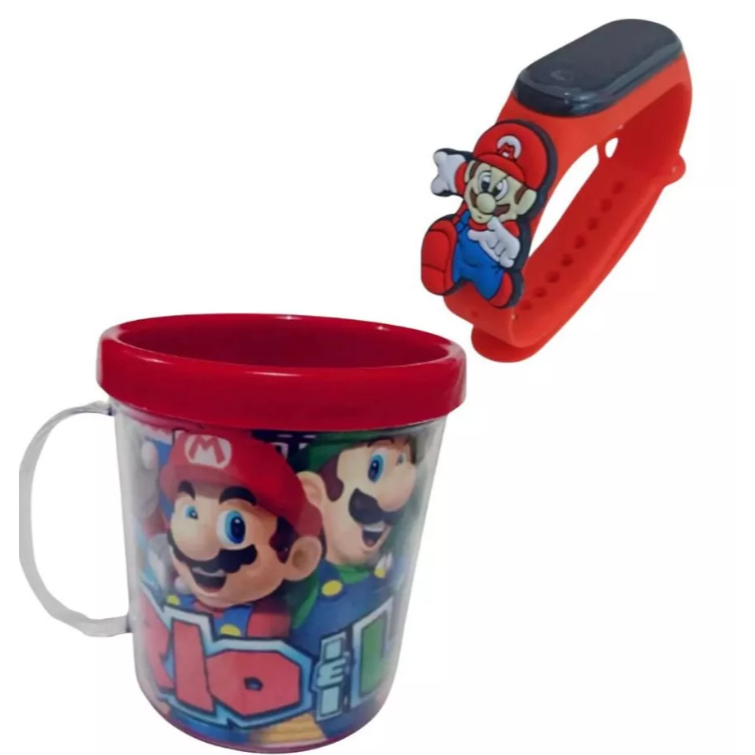 Kit 50 Caneca + Relogio Digital Mario