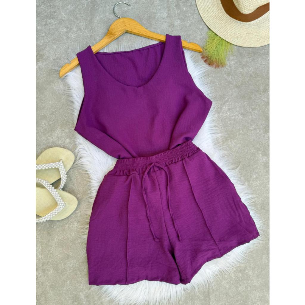 Conjuntos Casual Feminino Regata Decote V Shorts Duna Liso Casual Verão em Oferta na Shopee