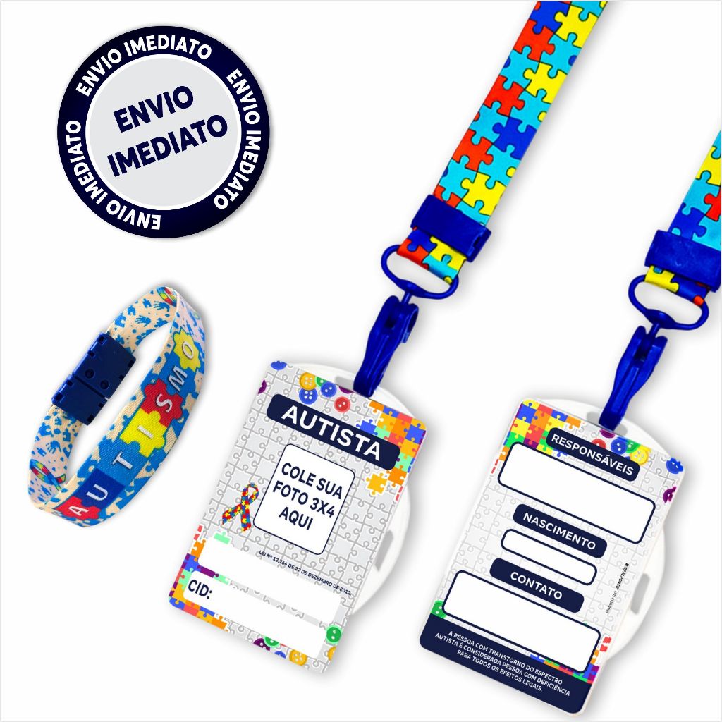 Crachá De Identificação Para Autistas + Cordão Com Trava de Segurança + Pulseira em Oferta na Shopee