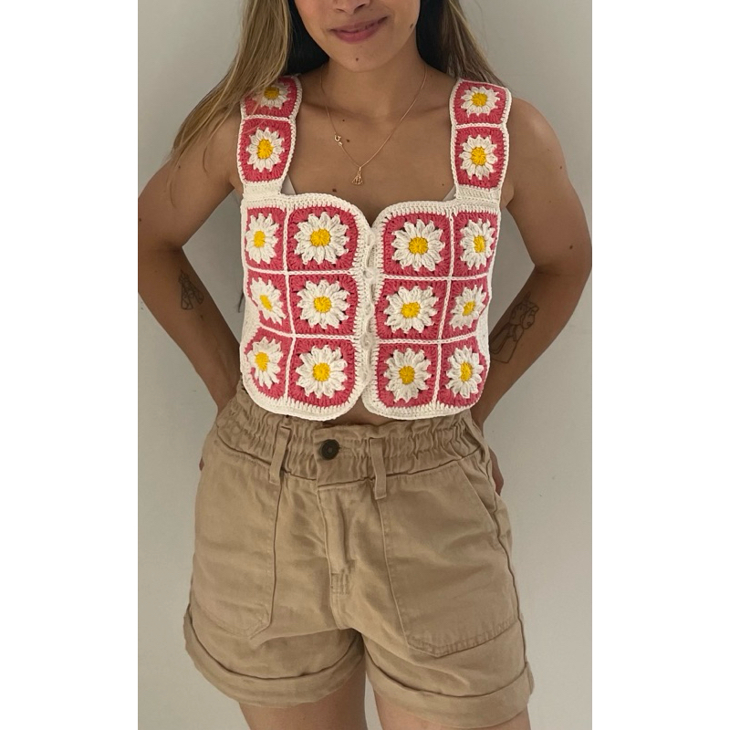 CROPPED CROCHÊ BELLY BLUSA FLORAL MARGARIDAS