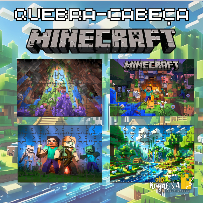 Quebra-Cabeça personalizado Minecraft em MDF - Puzzle 24pç/ 32pç/ 64pç/ 90pç/ 200pç/ 500peças