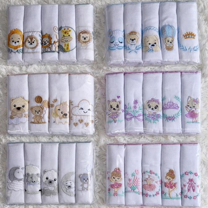 Kit 5 Fraldas Bordadas Bebê 100% Algodão 70x70 cm | Macias e Delicadas