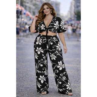 Conjunto Plus Size Floral Feminino Calça Pantalona e Cropped Manga Solta em Oferta na Shopee