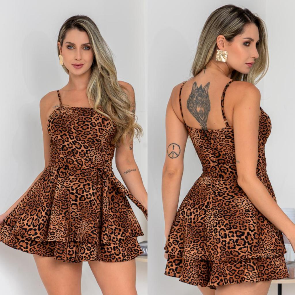 Macaquinho vestido bailarina soltinho onça zíper atrás alça ajustável laço removível Moda Elegante