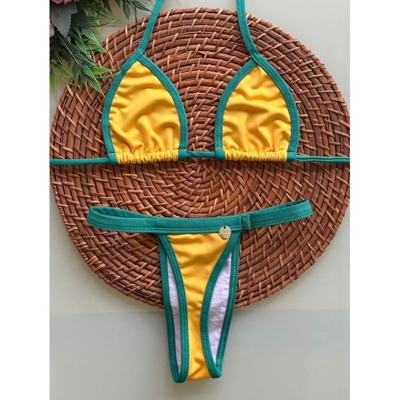 biquíni feminino fita bronze micro fio dental verde e amarelo do Brasil em Oferta na Shopee