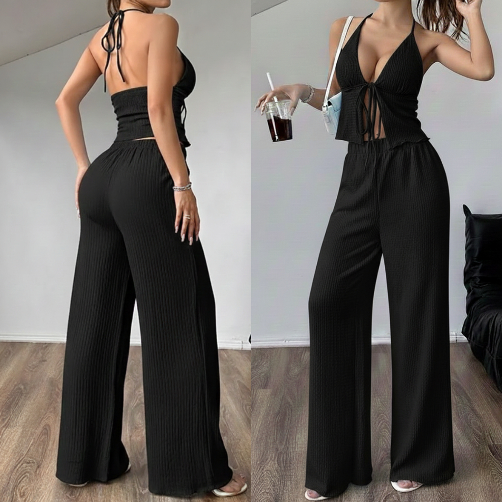 Conjunto Feminino Liz Calça Pantalona + Blusinha Top Amarração Tendência Gringa Moda Verão em Oferta na Shopee