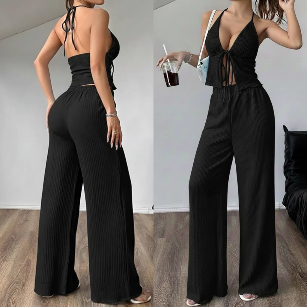Conjunto Feminino Liz Calça Pantalona + Blusinha Top Amarração Tendência Gringa Moda Inverno