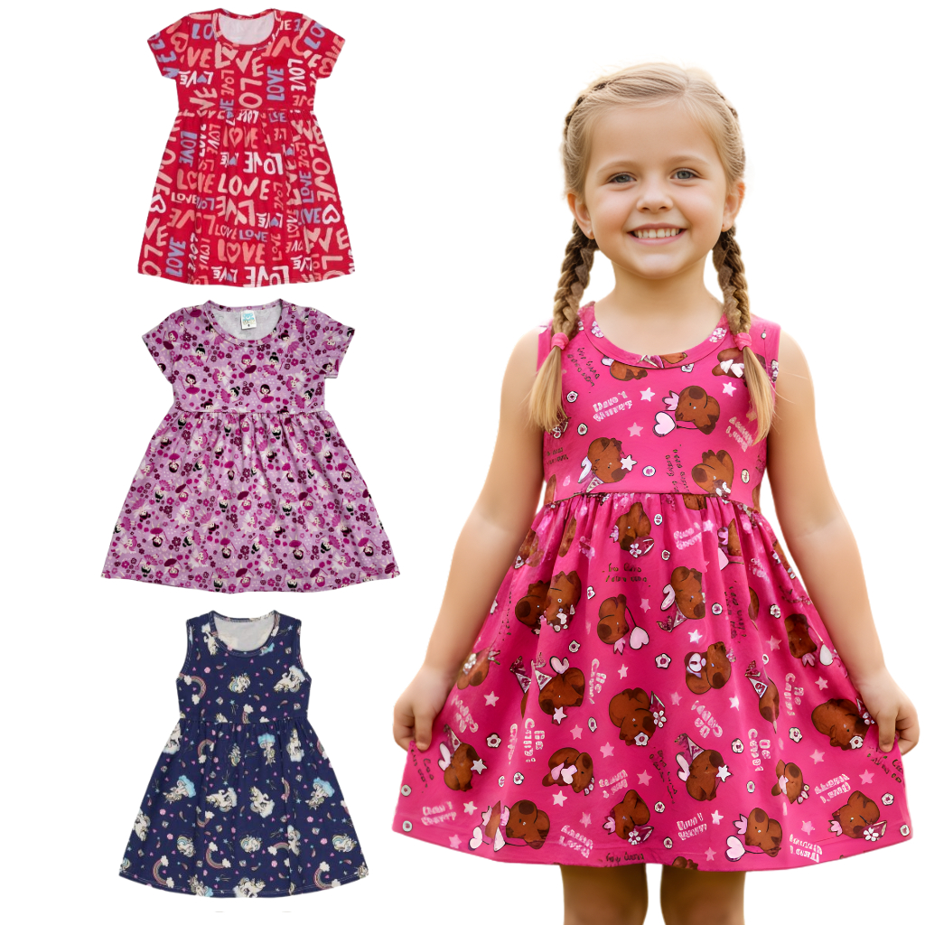 Kit 3 Vestidos Infantil Cotton Menina Sortidos Confortáveis Para Crianças Verao Tamanhos 1 ao 10