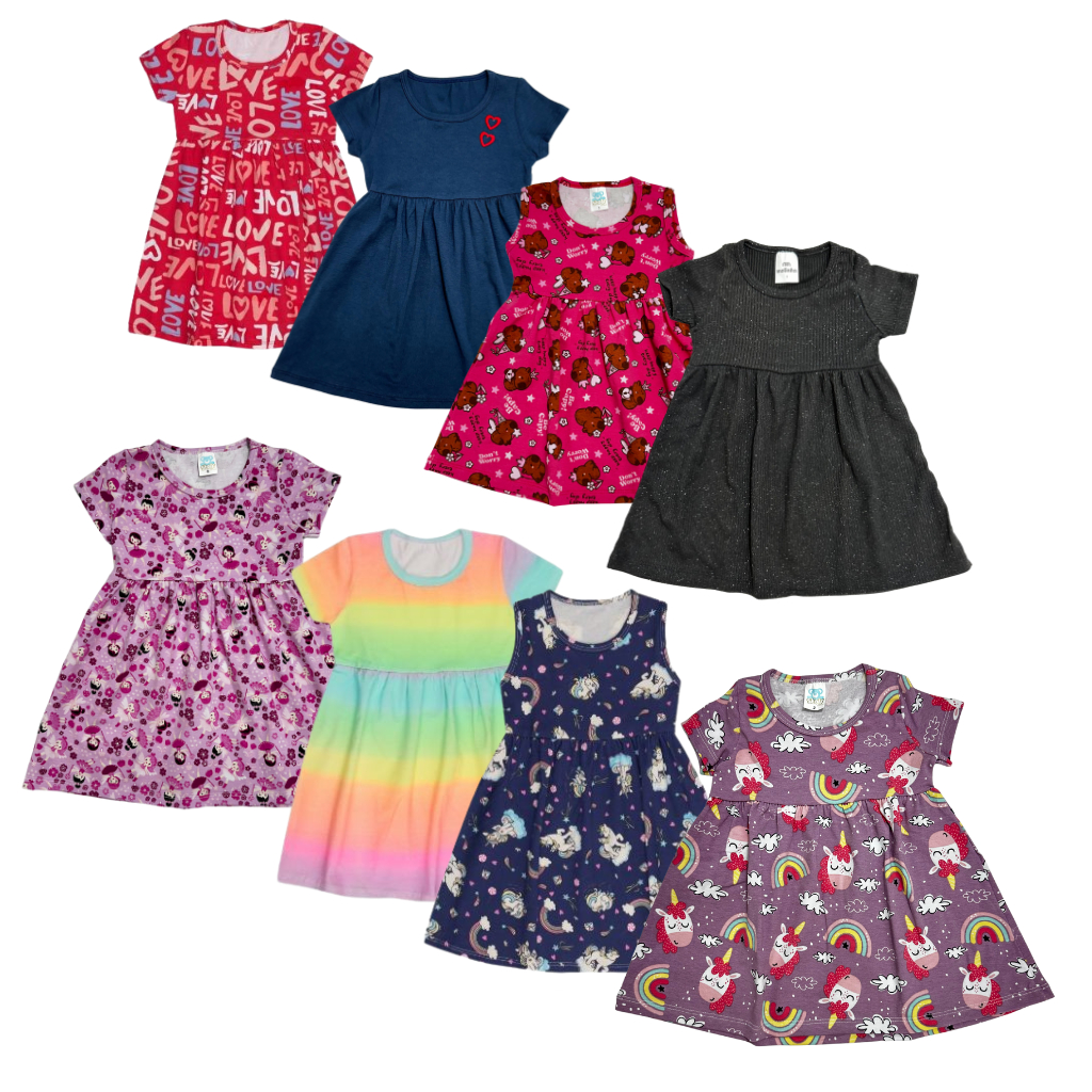 Kit 3 Vestidos Infantis Cotton Sortidos Confortáveis e Coloridos Estampados Verao Tamanhos 1 ao 10