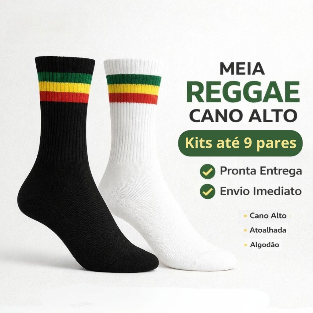 Kit de 1 até 9 Pares Meias Rastafari Cano Alto Atoalhado Cores do Reggae Rasta em Oferta na Shopee