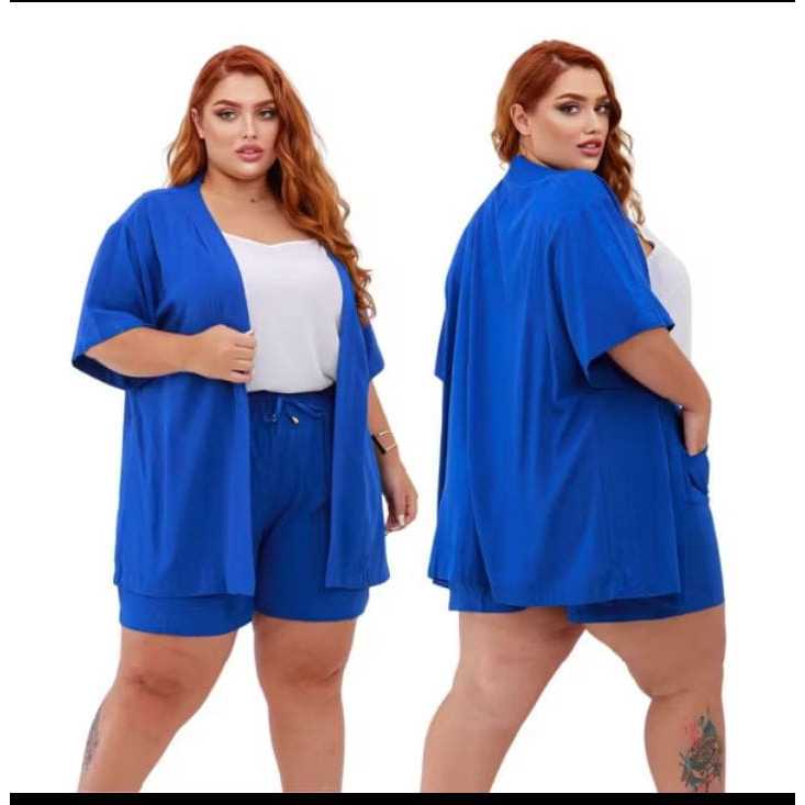 Conjunto Feminino Plus Size 2 peças Short e Kimono Tecido Duna Elegante