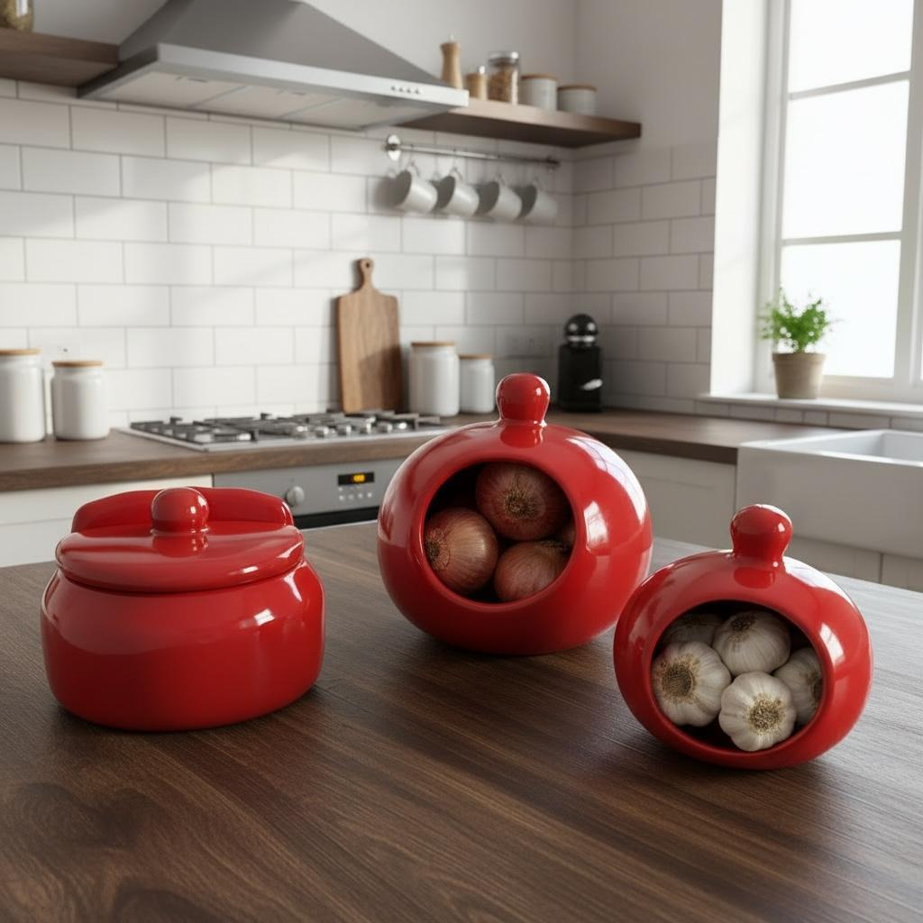 Kit Saleiro, Ceboleiro E Alheiro Vermelho Em Cerâmica Pintado A Mão
