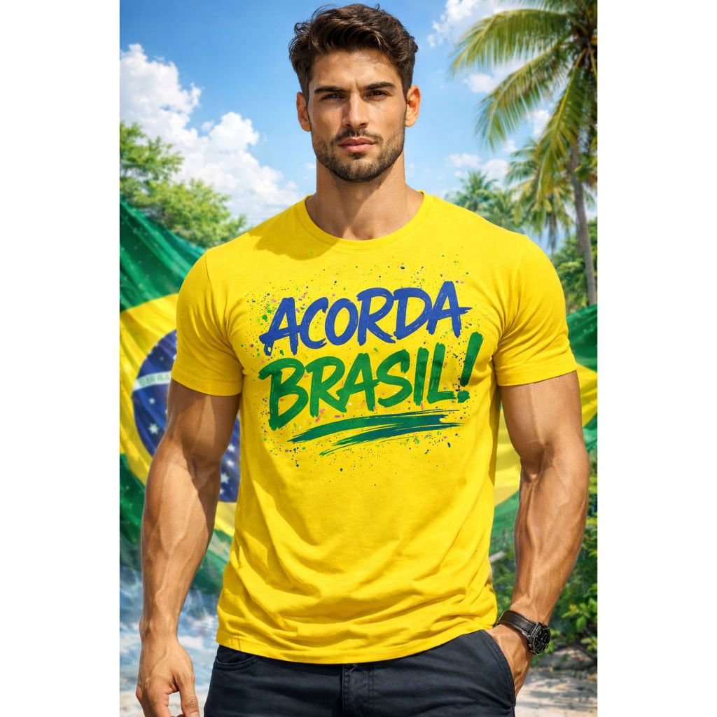 Camiseta unissex ACORDA BRASIL 100% algodão gola redonda tecido leve não encolhe e não desbota