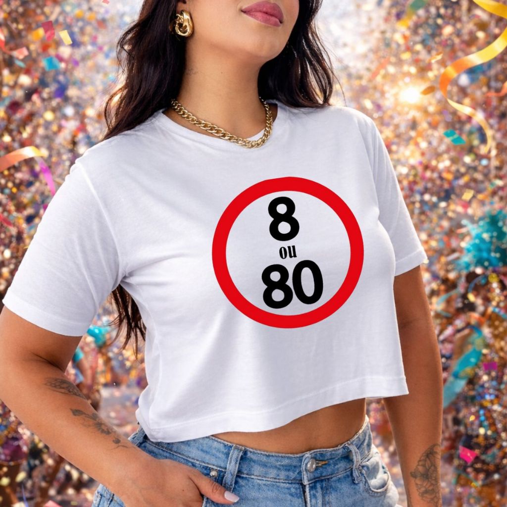 Blusa feminina Cropped com estampa de Carnaval 8 ou 80