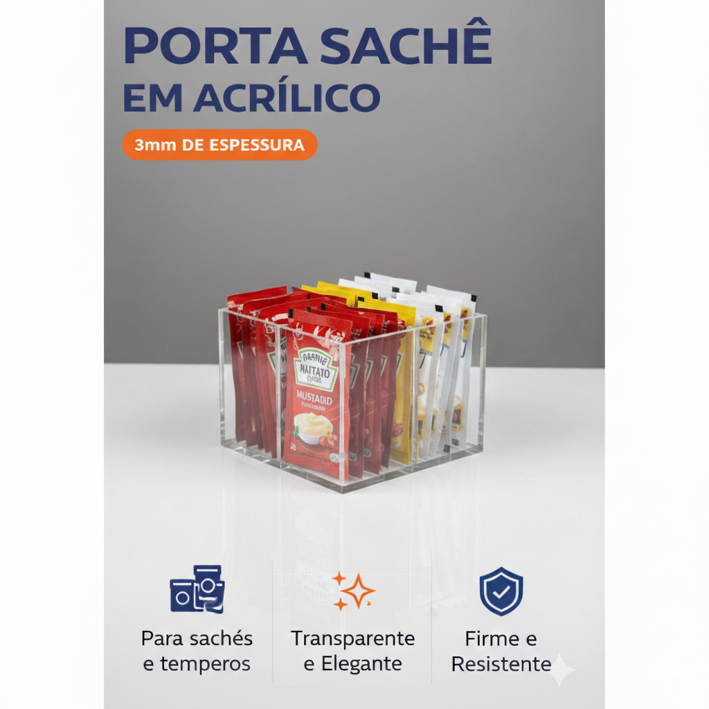 Porta Sachês Açúcar / Katchup / Maionese / Mexedores  - 4 Nichos Sem Tampa Acrílico Transparente