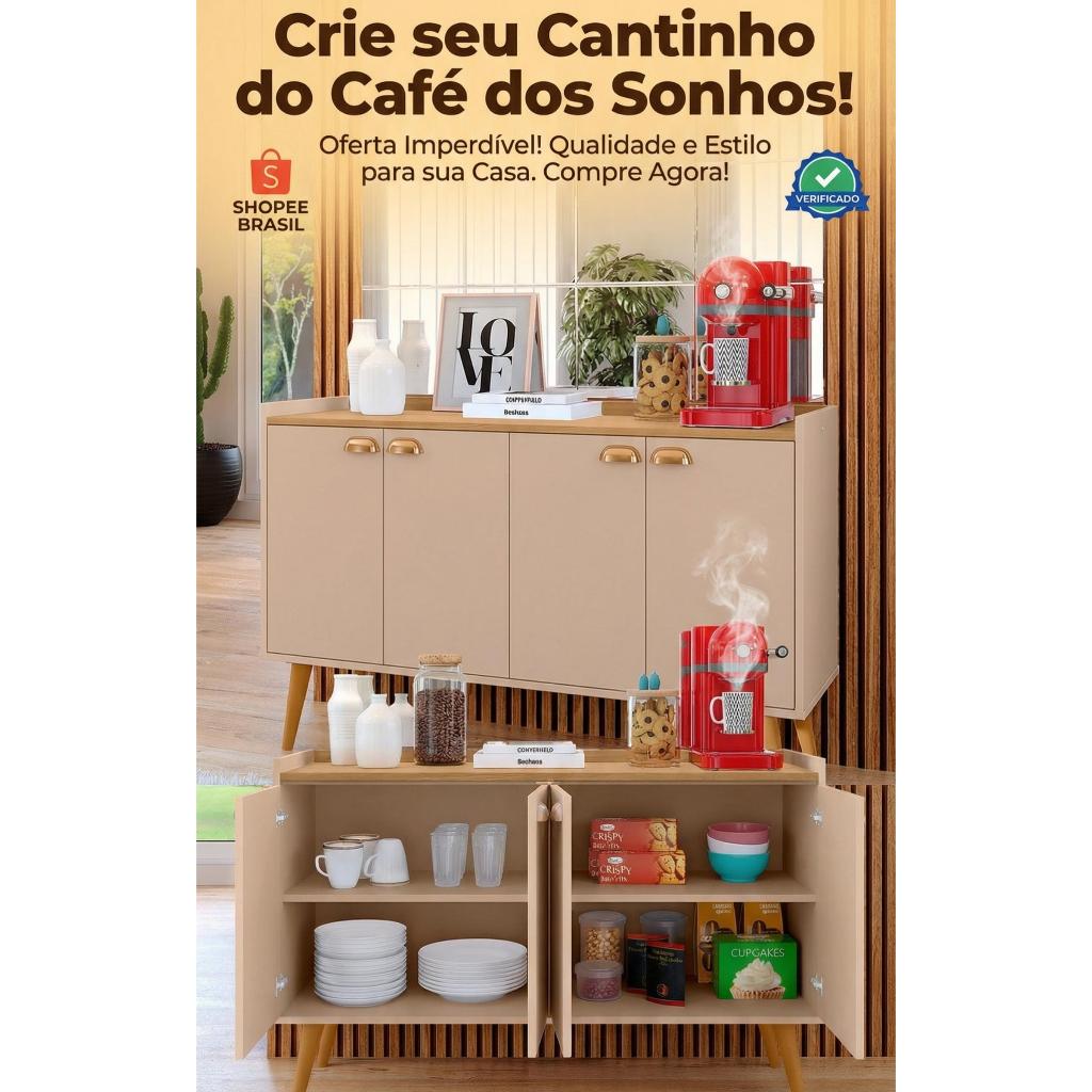 Aparador Buffet Cantinho Café Sala Jantar Cozinha 4 Portas Puxador Concha Prateleira Interna