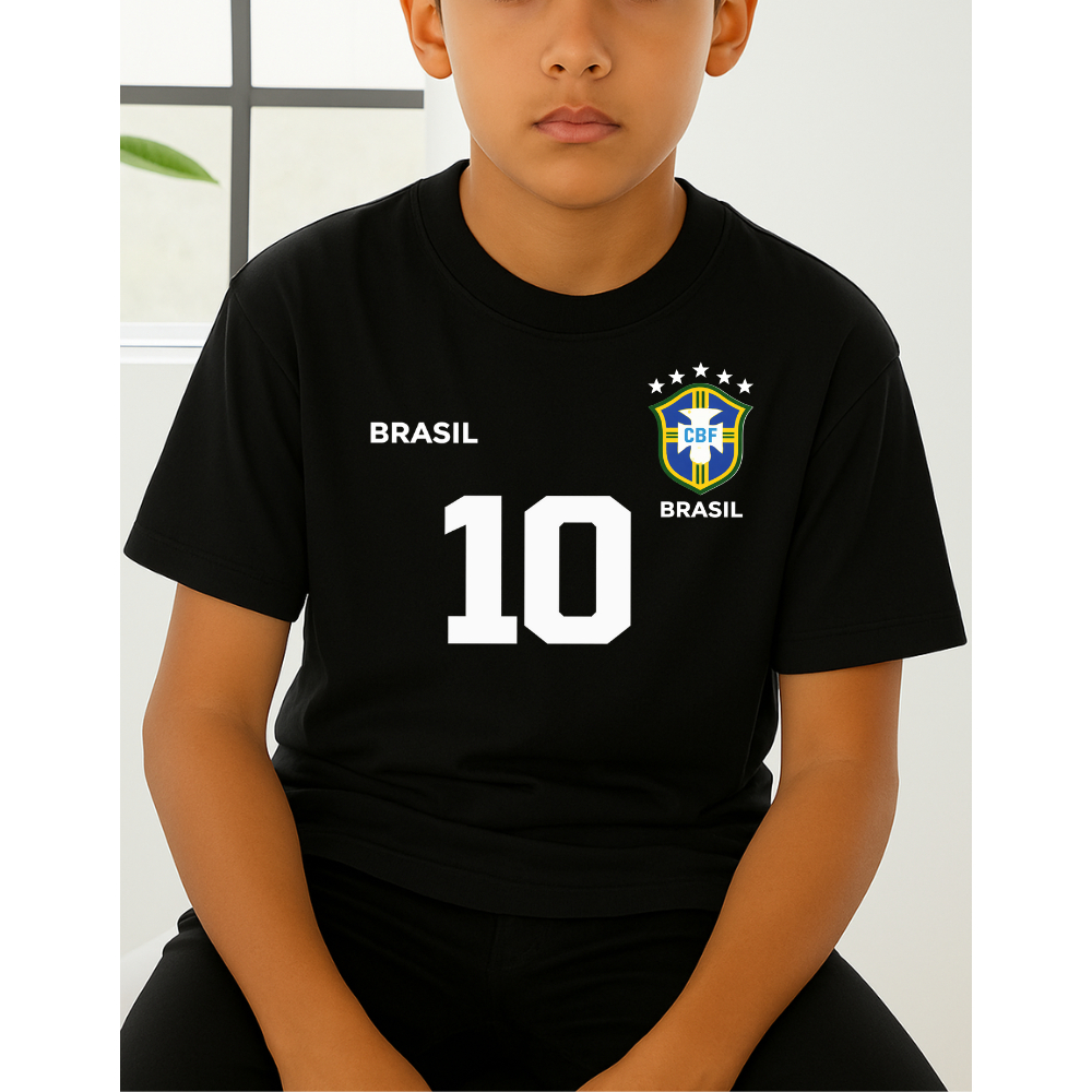 Camiseta Algodão Infantil Estampa Brasil Jogador 1004 Copa do Mundo Dia de Jogo Torcer com Estilo