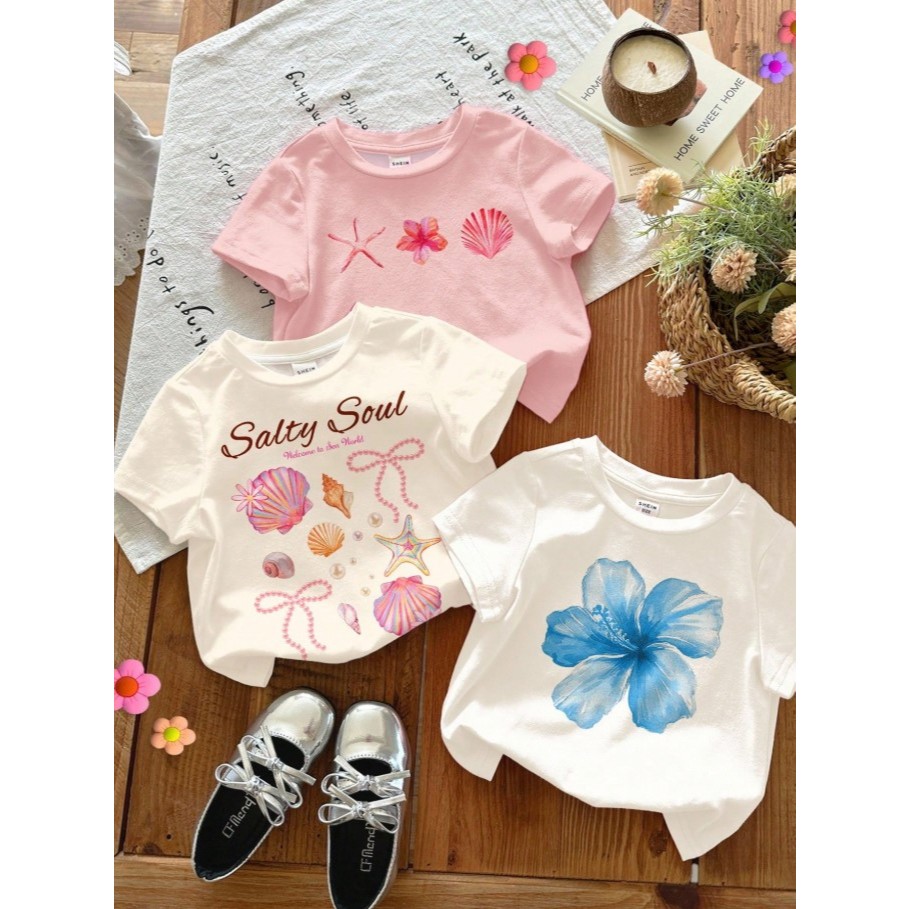 Kit 3 Camisetas Infantis Meninas Sereia Fundo Do Mar Algodão Estampada T-Shirt Luxo Passeio Girls em Oferta na Shopee