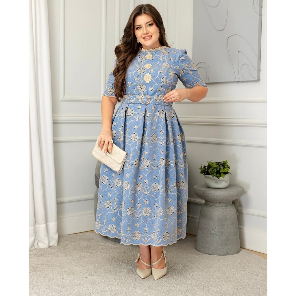 Vestido Mídi Evangélico Lese Bordado  Forrado algodão com Cinto