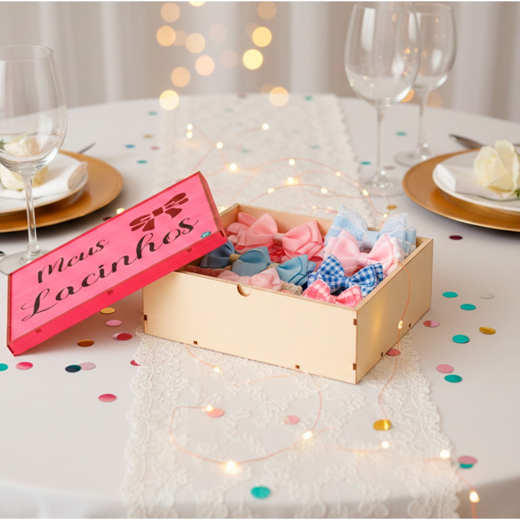 Caixa Organizadora MDF Rosa Com Tampa Porta Lacos Infantil Decorativa Grande Organizador De Acessorios Menina Sapato