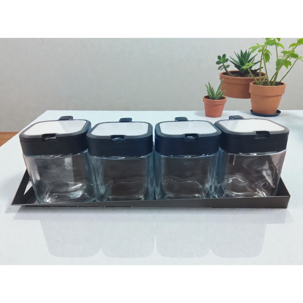 Kit com 4 Potes Porta Tempero Vidro 255 ml com Colher Aço Inox Resistente Condimento Sal Açúcar Temperos com Suporte