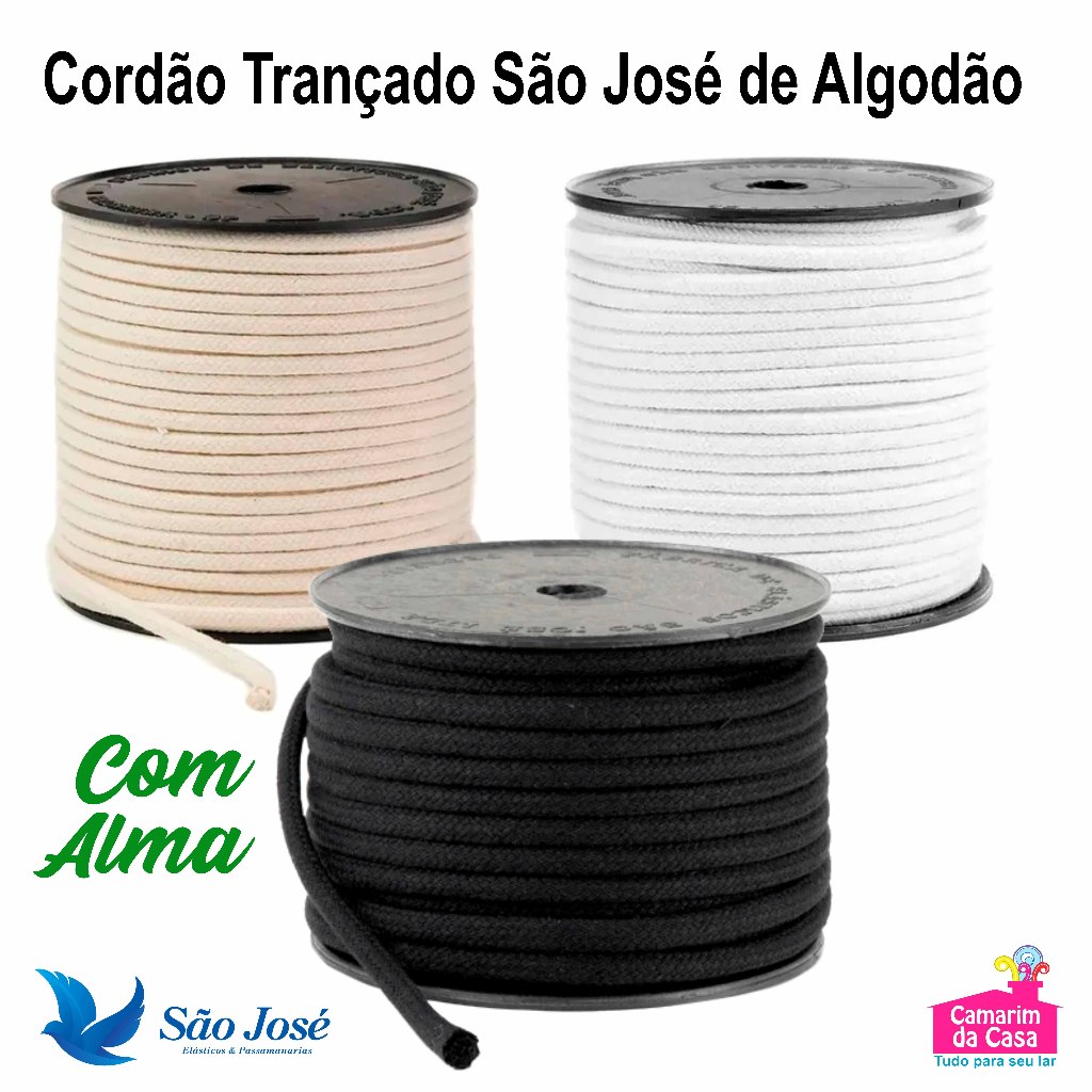 Cordão Trançado São José 4mm Largura Rolo c/ 50m 100% Algodão Cores Cru / Branco / Preto