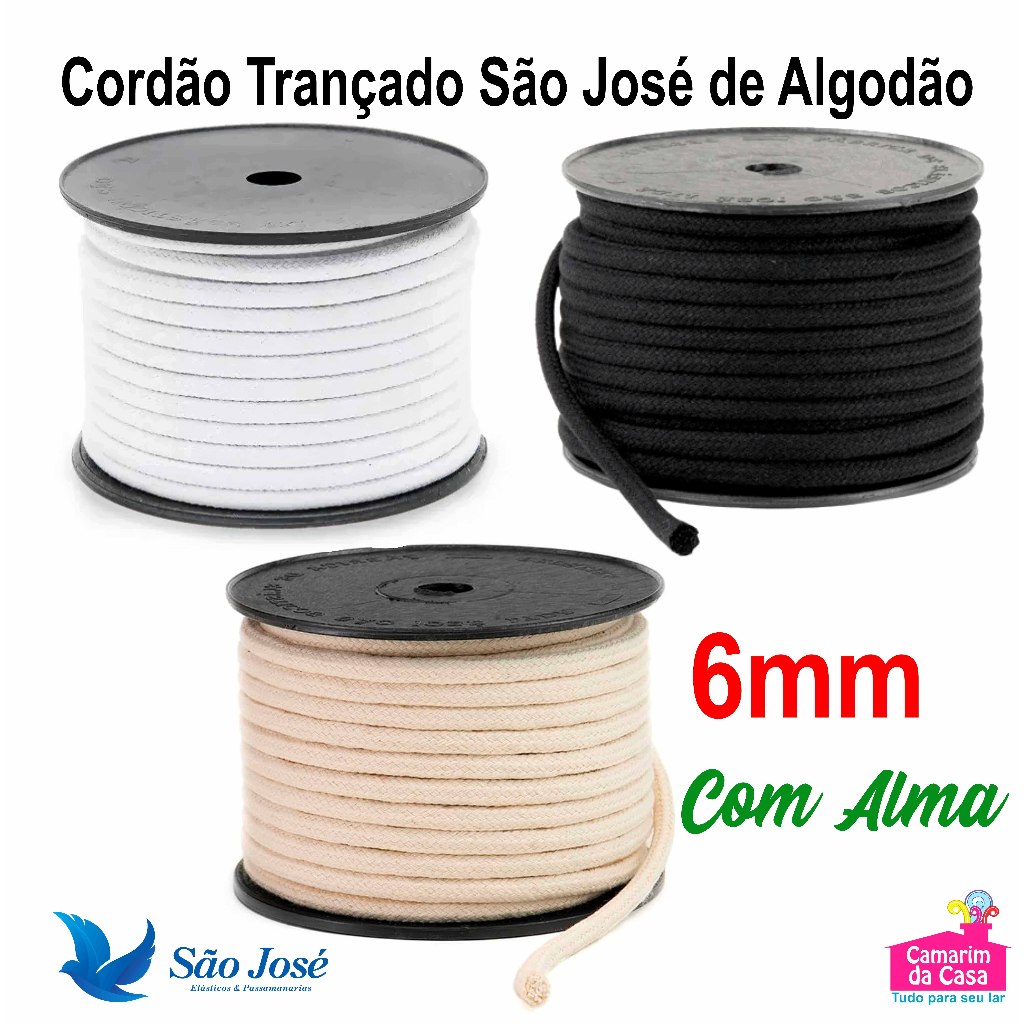 Cordão Trançado São José 6mm Largura Rolo c/ 20m 100% Algodão Cores Cru / Branco / Preto
