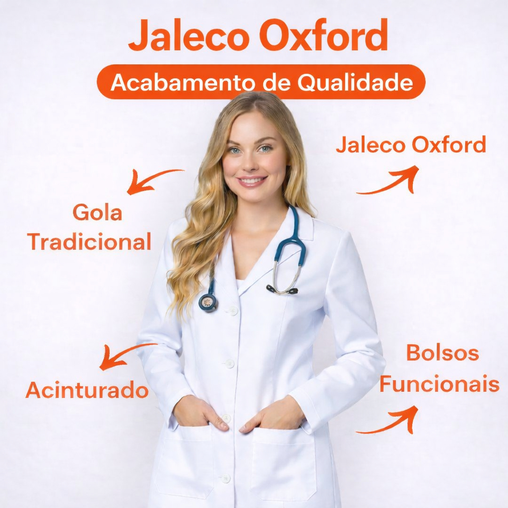 Jaleco feminino acinturado tecido oxford com botao embutido Jaleco feminino acinturado tecido oxford com botao embutido